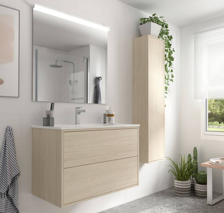 Muebles Ideal badkamermeubel 80cm licht eiken met spiegel en spiegellamp