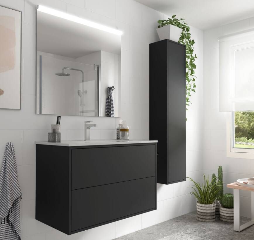 Muebles Ideal badkamermeubel 80cm mat zwart met spiegel en spiegellamp
