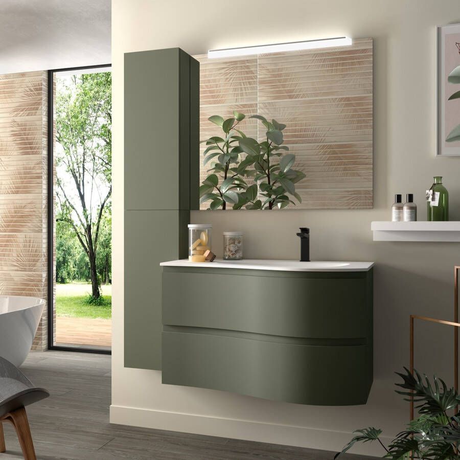 Muebles Mam badmeubel 90cm rechts legergroen met wastafel mineraalmarmer wit mat met kraangat