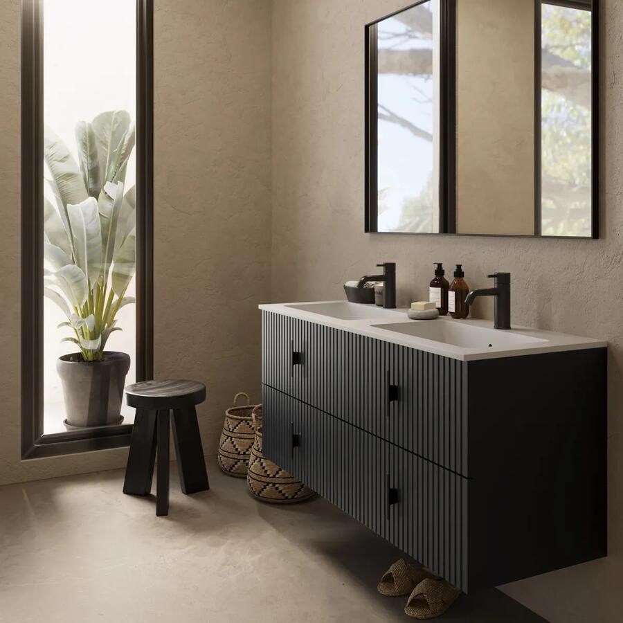 Muebles Avila badmeubel ribbelfront 120cm antraciet mat met dubbele wastafel met kraangaten