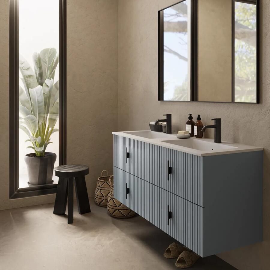 Muebles Avila badmeubel ribbelfront 120cm baby blauw met dubbele wastafel met kraangaten