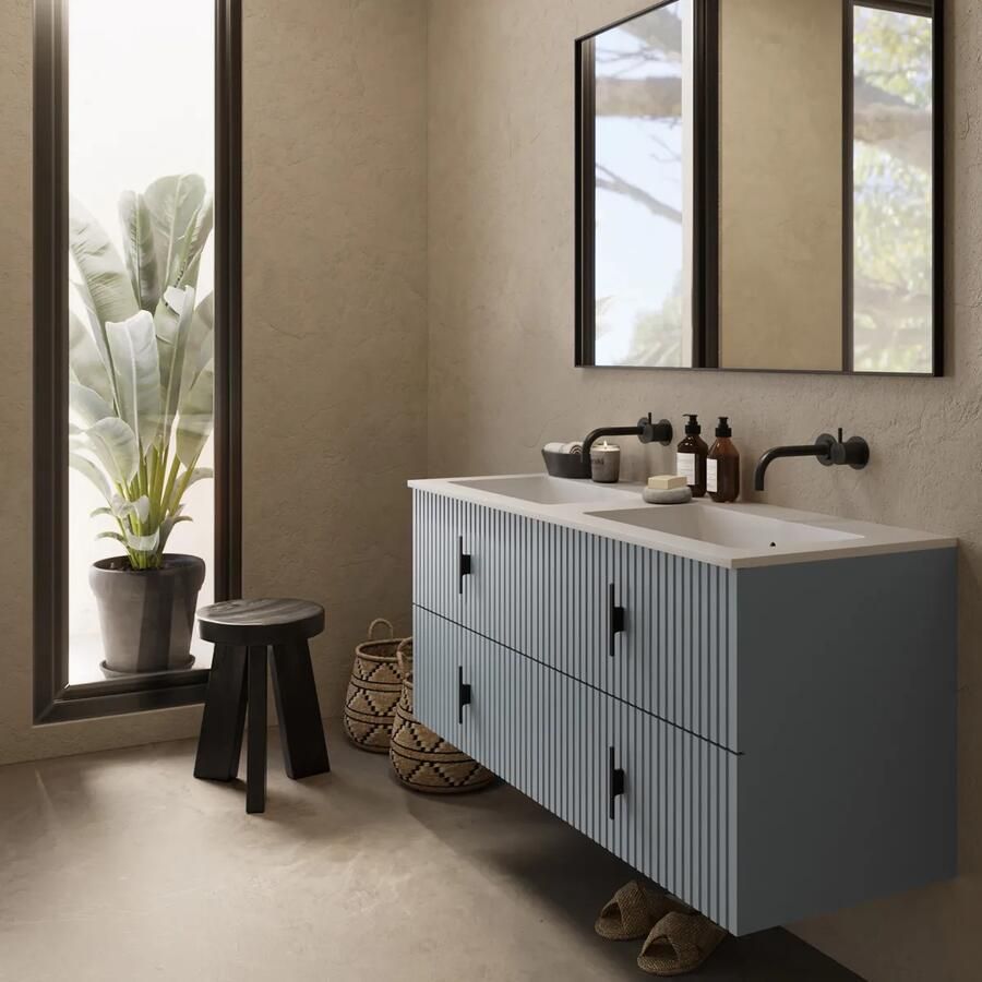 Muebles Avila badmeubel ribbelfront 120cm baby blauw met dubbele wastafel zonder kraangaten