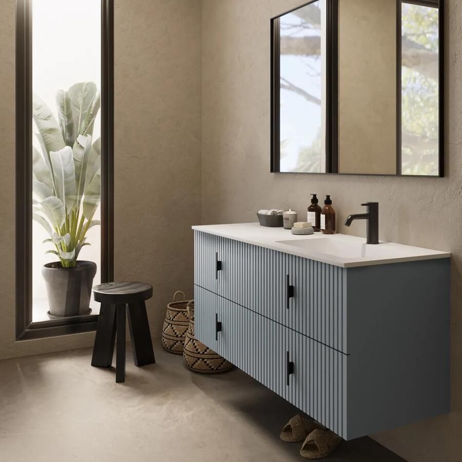 Muebles Avila badmeubel ribbelfront 120cm baby blauw met wastafel rechts met kraangat