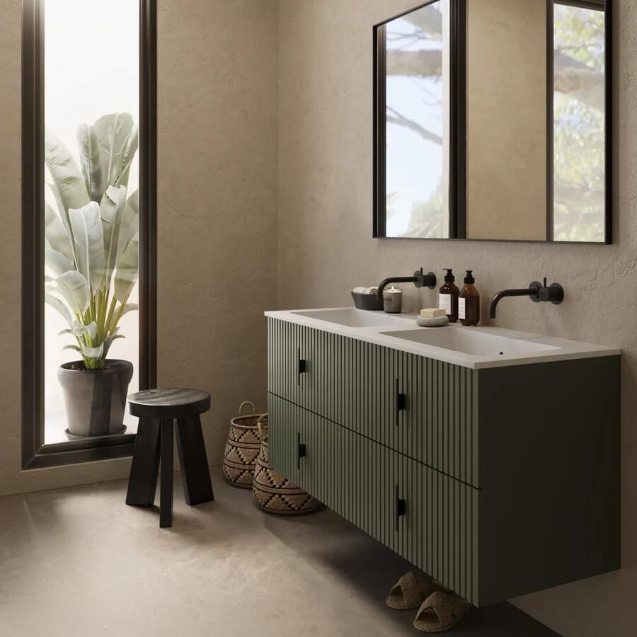 Muebles Avila badmeubel ribbelfront 120cm legergroen met dubbele wastafel zonder kraangaten