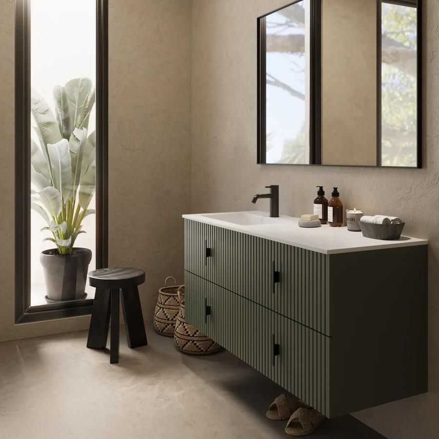 Muebles Avila badmeubel ribbelfront 120cm legergroen met wastafel links met kraangat