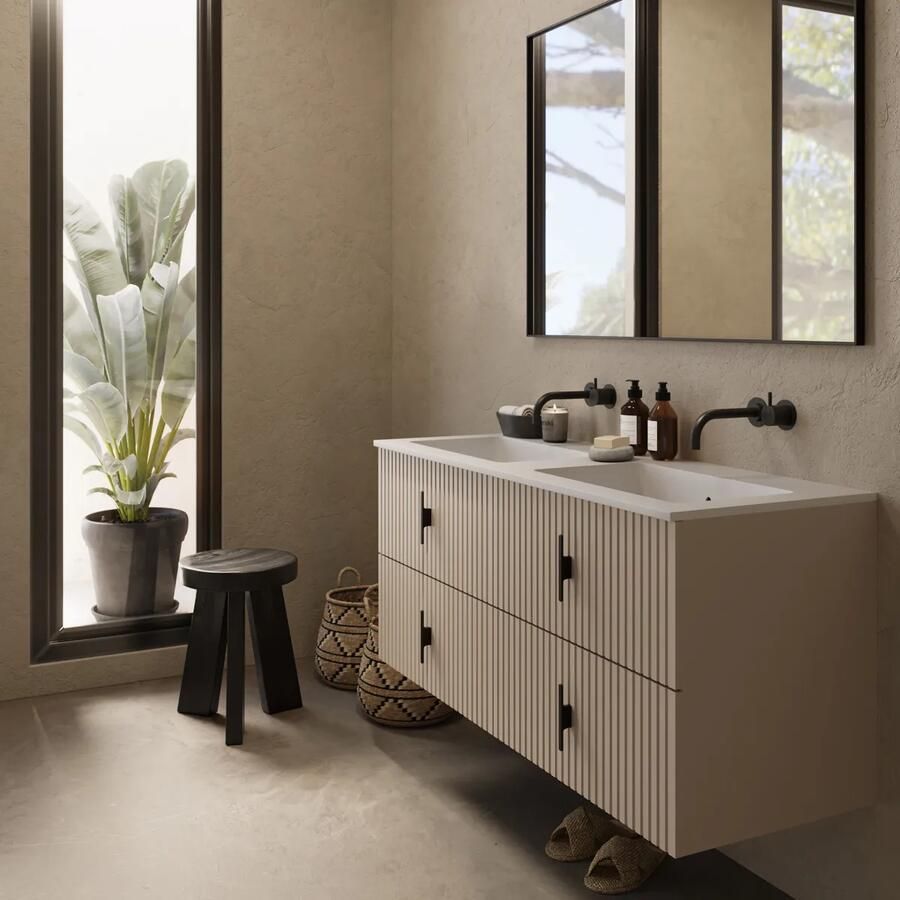 Muebles Avila badmeubel ribbelfront 120cm macchiato met dubbele wastafel zonder kraangaten