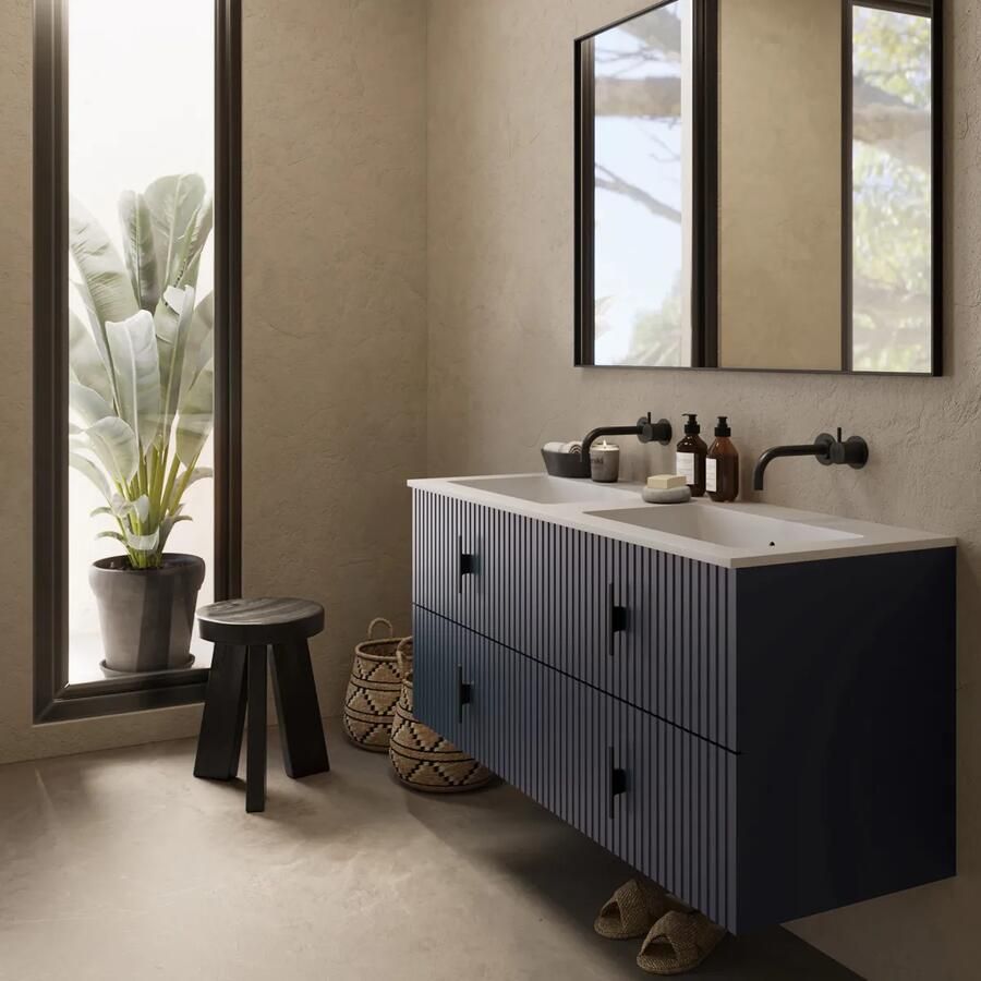 Muebles Avila badmeubel ribbelfront 120cm marine blauw met dubbele wastafel zonder kraangaten