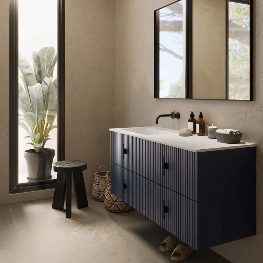 Muebles Avila badmeubel ribbelfront 120cm marine blauw met wastafel links zonder kraangat