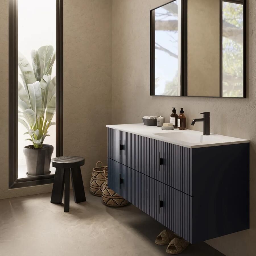 Muebles Avila badmeubel ribbelfront 120cm marine blauw met wastafel rechts met kraangat