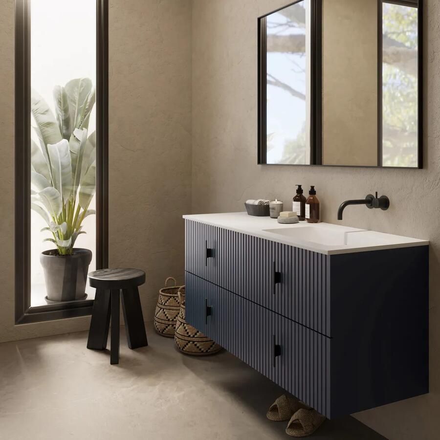 Muebles Avila badmeubel ribbelfront 120cm marine blauw met wastafel rechts zonder kraangat