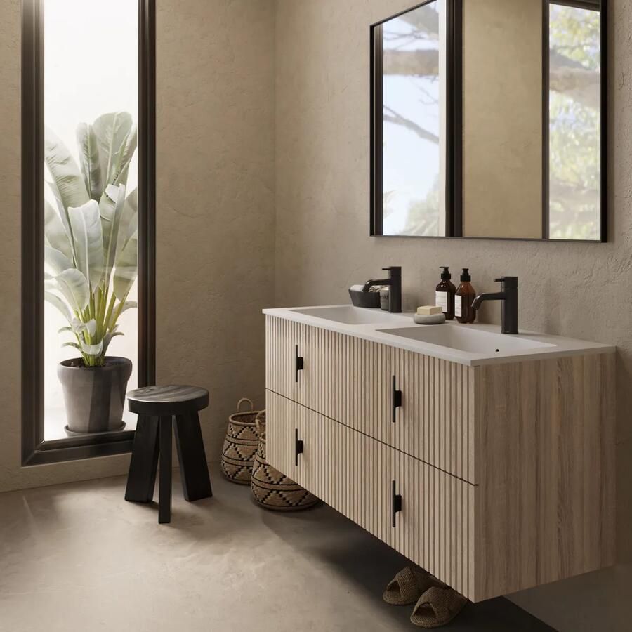 Muebles Avila badmeubel ribbelfront 120cm naturel eiken met dubbele wastafel met kraangaten