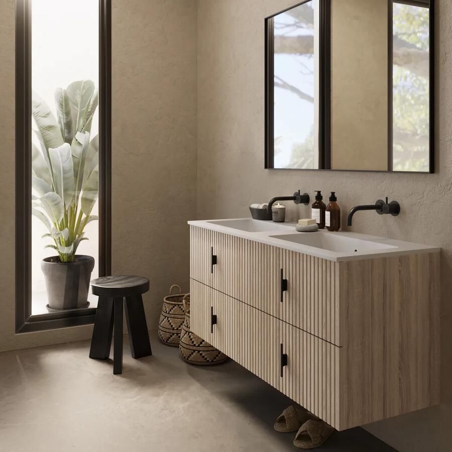 Muebles Avila badmeubel ribbelfront 120cm naturel eiken met dubbele wastafel zonder kraangaten