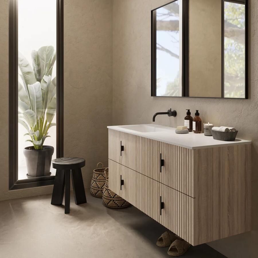 Muebles Avila badmeubel ribbelfront 120cm naturel eiken met wastafel links zonder kraangat