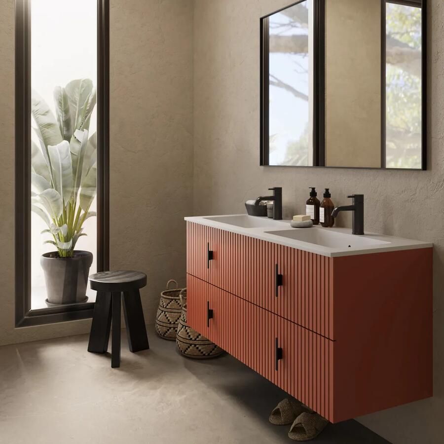 Muebles Avila badmeubel ribbelfront 120cm terracotta met dubbele wastafel met kraangaten