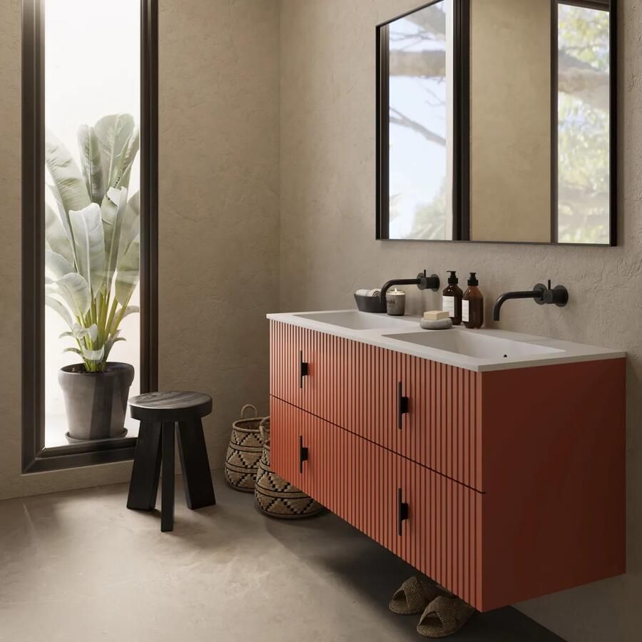 Muebles Avila badmeubel ribbelfront 120cm terracotta met dubbele wastafel zonder kraangaten