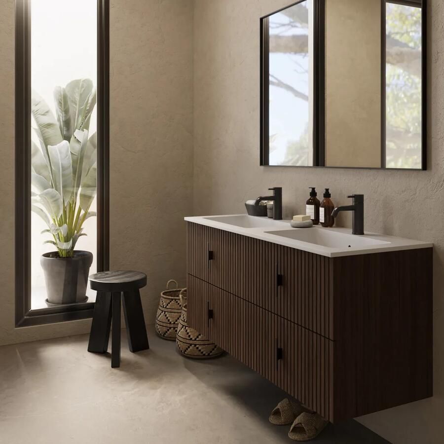 Muebles Avila badmeubel ribbelfront 120cm walnoot met dubbele wastafel met kraangaten