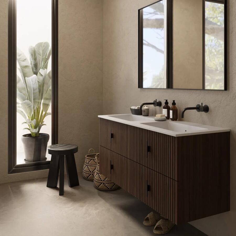 Muebles Avila badmeubel ribbelfront 120cm walnoot met dubbele wastafel zonder kraangaten