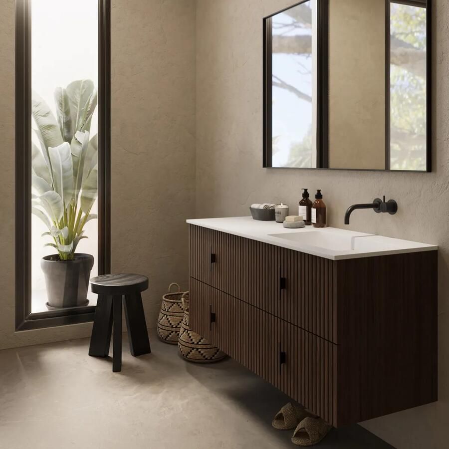 Muebles Avila badmeubel ribbelfront 120cm walnoot met wastafel rechts zonder kraangat