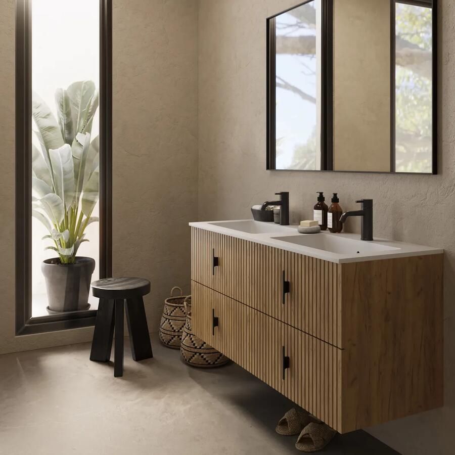 Muebles Avila badmeubel ribbelfront 120cm warm eiken met dubbele wastafel met kraangaten