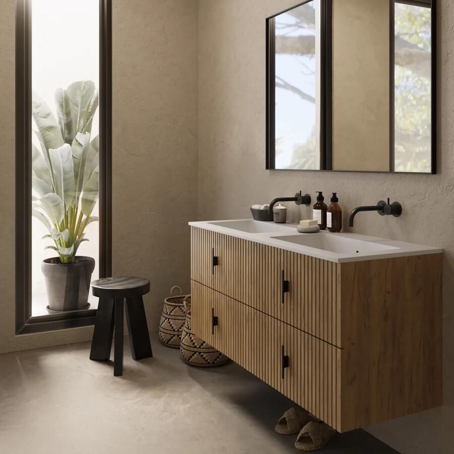 Muebles Avila badmeubel ribbelfront 120cm warm eiken met dubbele wastafel zonder kraangaten