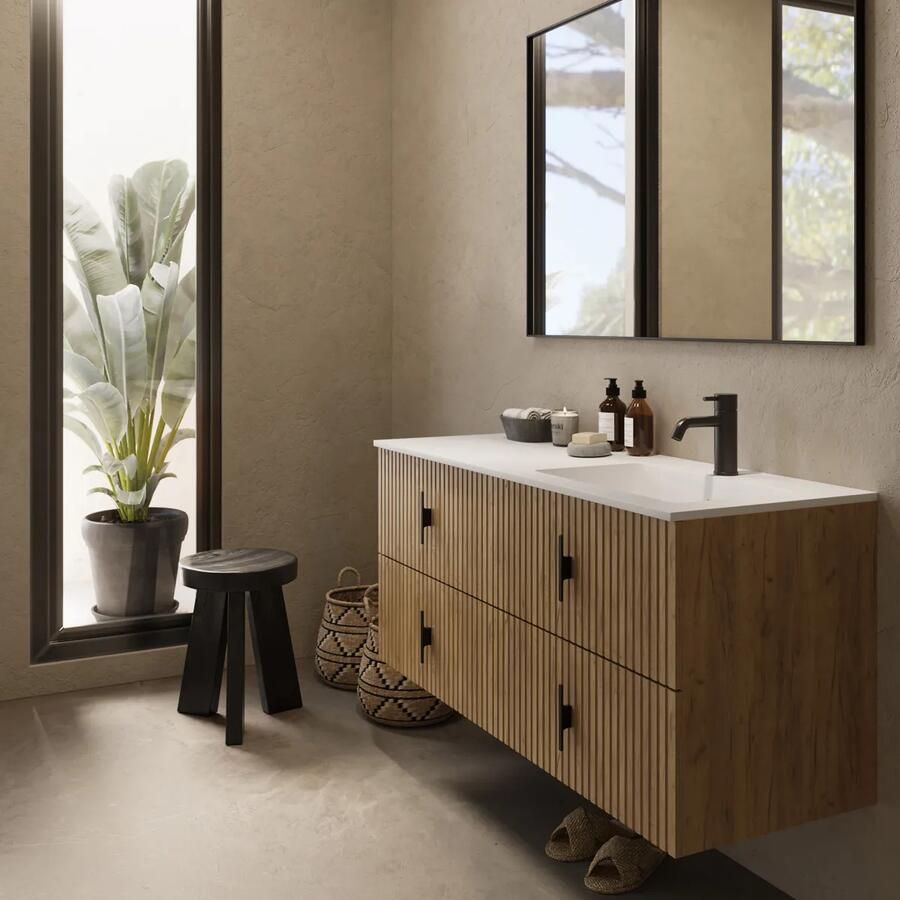 Muebles Avila badmeubel ribbelfront 120cm warm eiken met wastafel rechts met kraangat