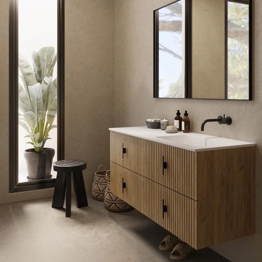 Muebles Avila badmeubel ribbelfront 120cm warm eiken met wastafel rechts zonder kraangat