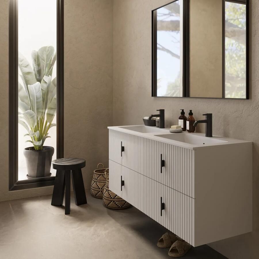 Muebles Avila badmeubel ribbelfront 120cm wit mat met dubbele wastafel met kraangaten