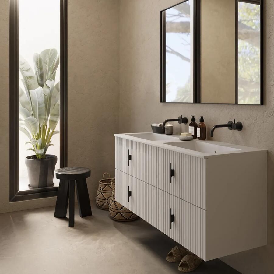 Muebles Avila badmeubel ribbelfront 120cm wit mat met dubbele wastafel zonder kraangaten