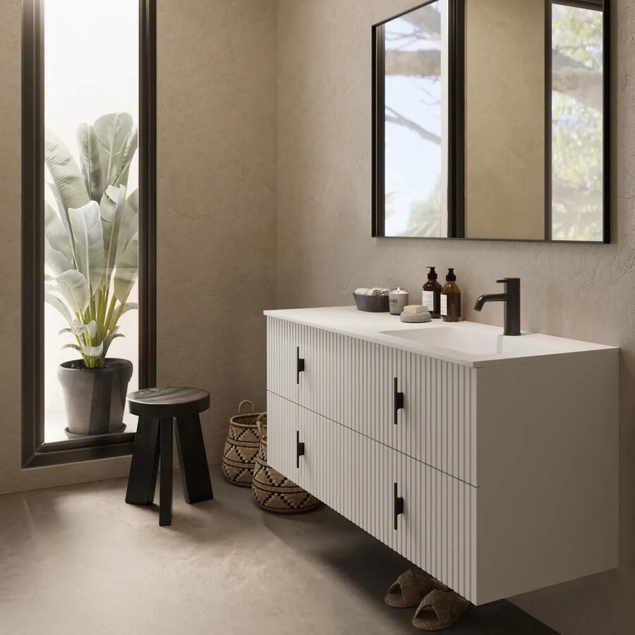 Muebles Avila badmeubel ribbelfront 120cm wit mat met wastafel rechts met kraangat