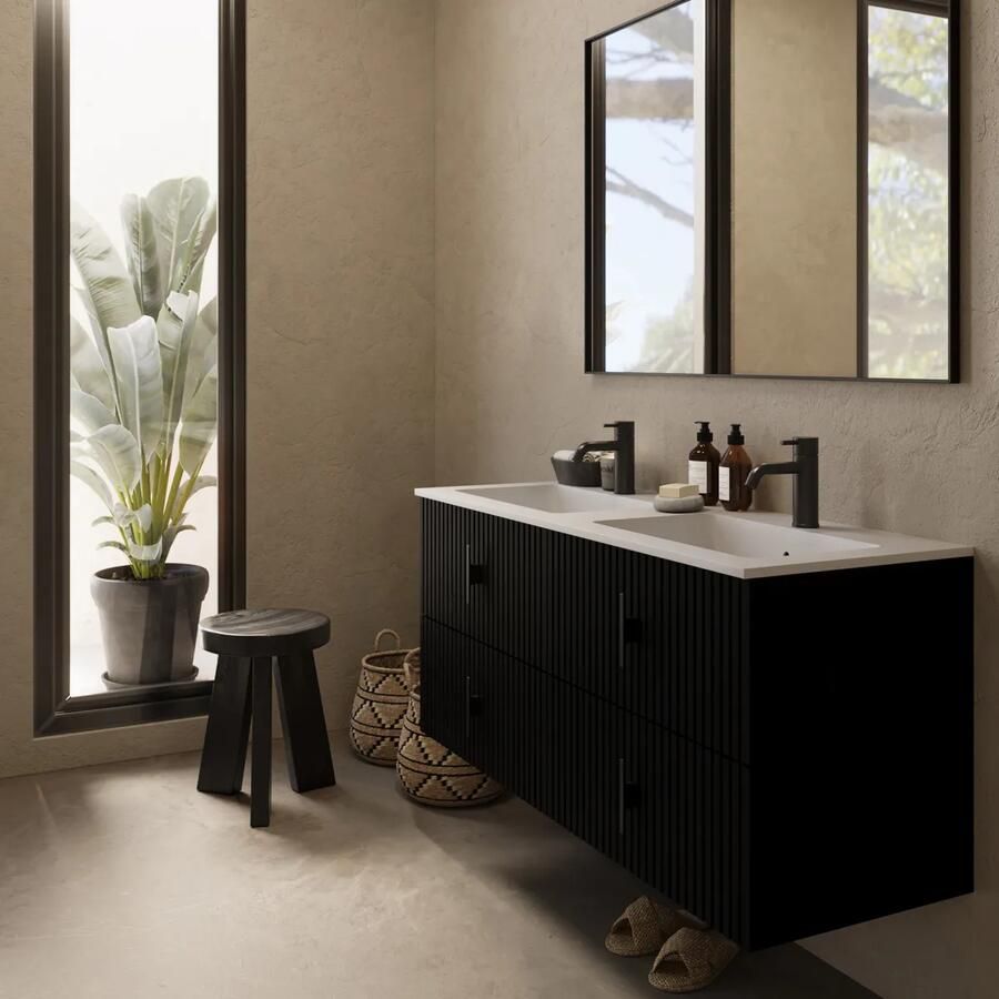 Muebles Avila badmeubel ribbelfront 120cm zwart mat met dubbele wastafel met kraangaten