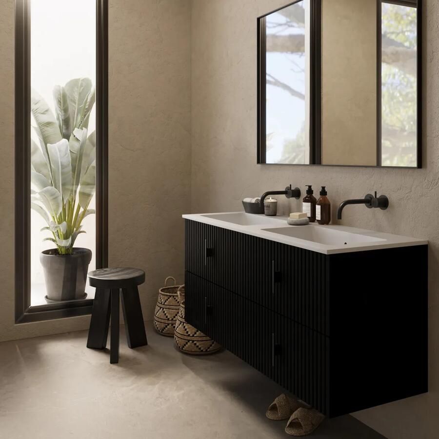 Muebles Avila badmeubel ribbelfront 120cm zwart mat met dubbele wastafel zonder kraangaten