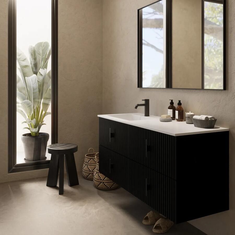 Muebles Avila badmeubel ribbelfront 120cm zwart mat met wastafel links met kraangat