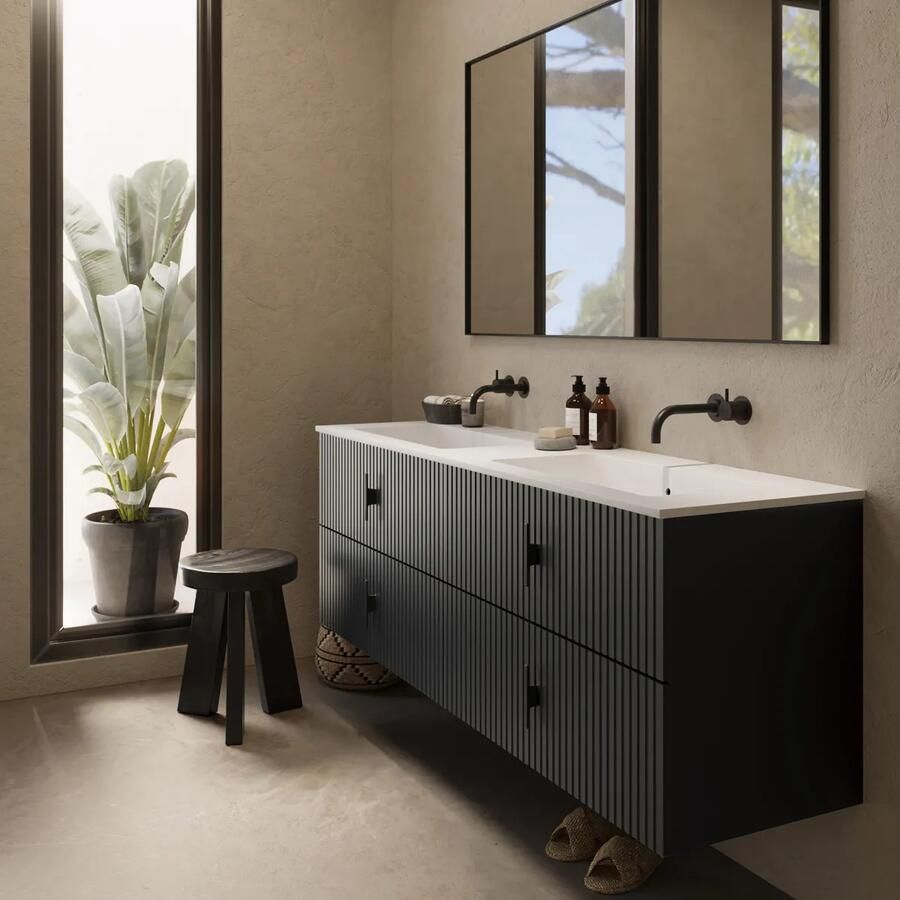 Muebles Avila badmeubel ribbelfront 160cm antraciet mat met dubbele wastafel zonder kraangaten