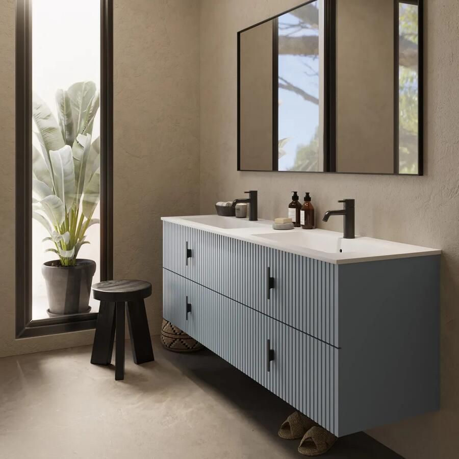 Muebles Avila badmeubel ribbelfront 160cm baby blauw met dubbele wastafel met kraangaten