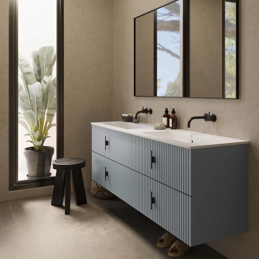 Muebles Avila badmeubel ribbelfront 160cm baby blauw met dubbele wastafel zonder kraangaten