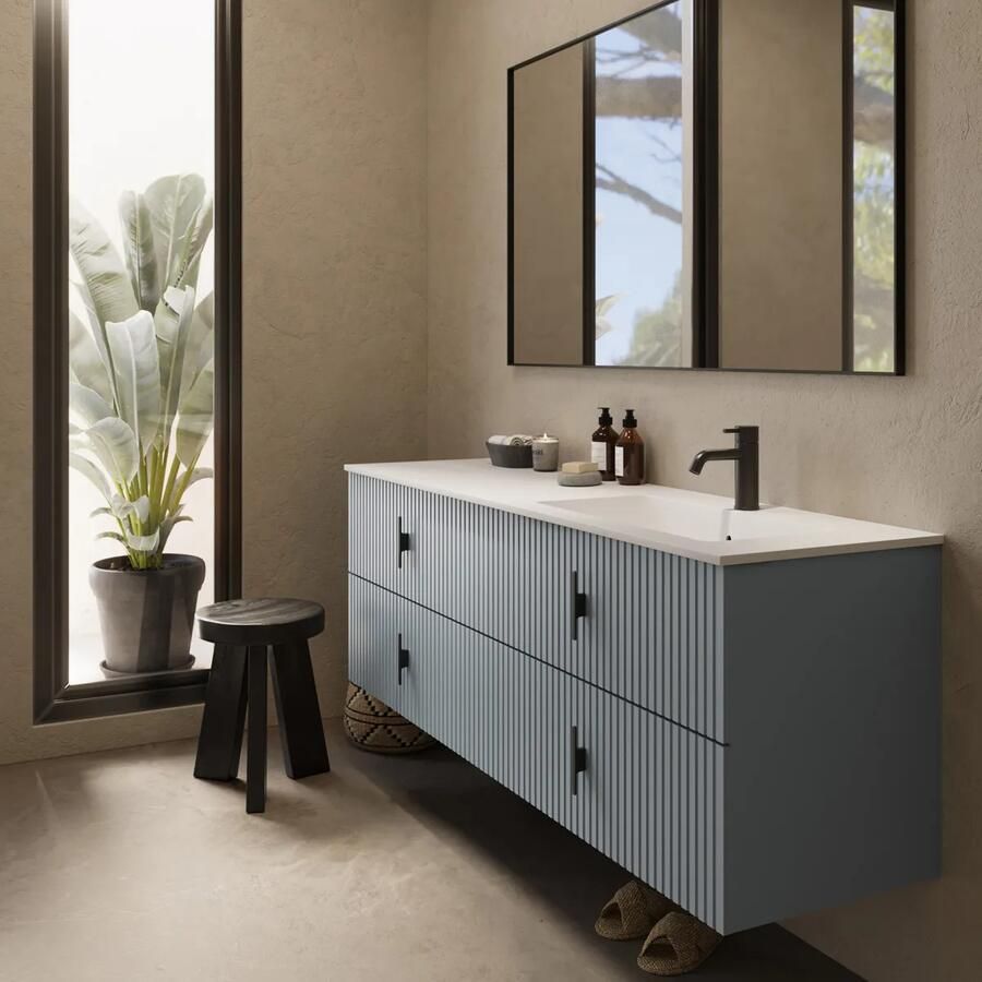 Muebles Avila badmeubel ribbelfront 160cm baby blauw met wastafel rechts met kraangat