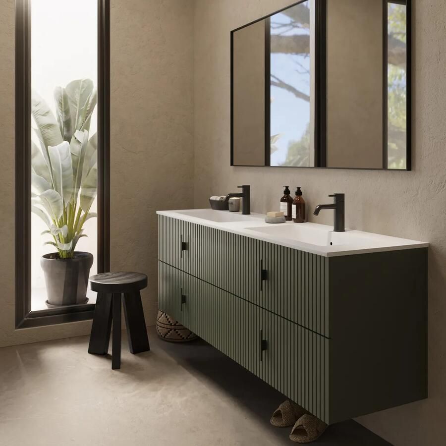 Muebles Avila badmeubel ribbelfront 160cm legergroen met dubbele wastafel met kraangaten