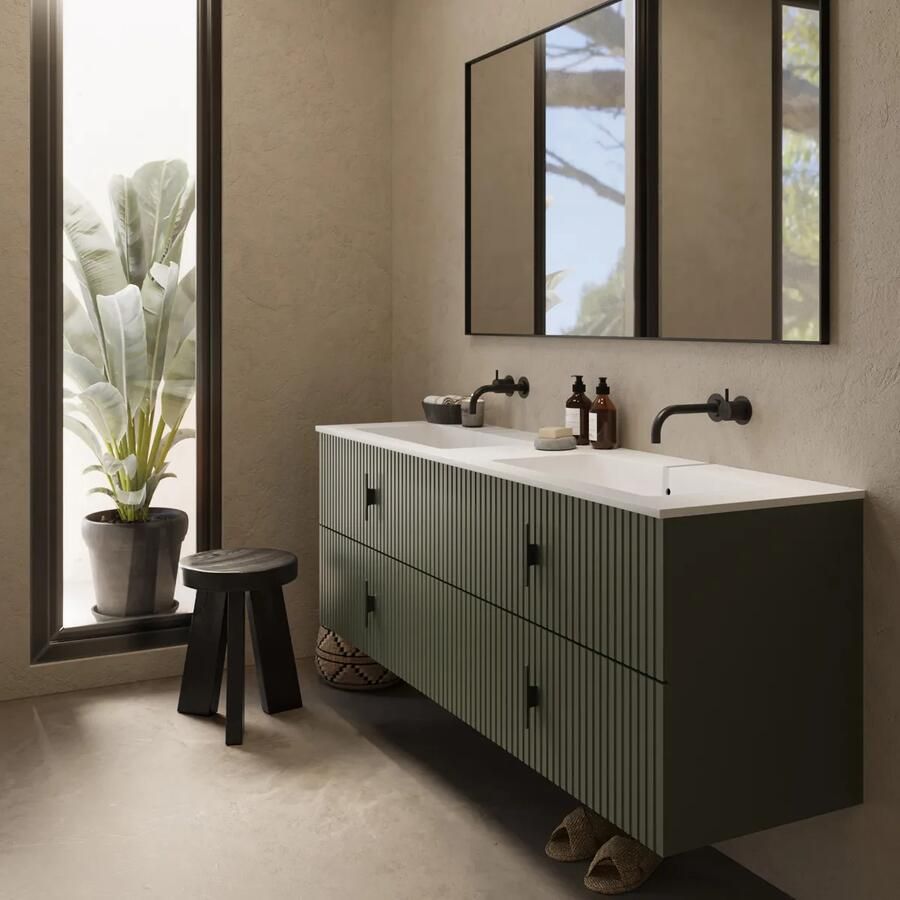 Muebles Avila badmeubel ribbelfront 160cm legergroen met dubbele wastafel zonder kraangaten