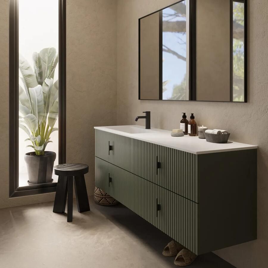 Muebles Avila badmeubel ribbelfront 160cm legergroen met wastafel links met kraangat