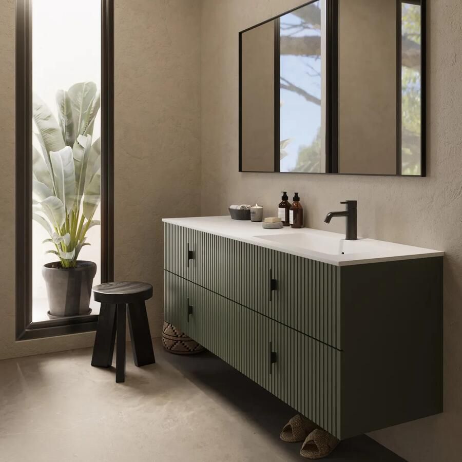 Muebles Avila badmeubel ribbelfront 160cm legergroen met wastafel rechts met kraangat