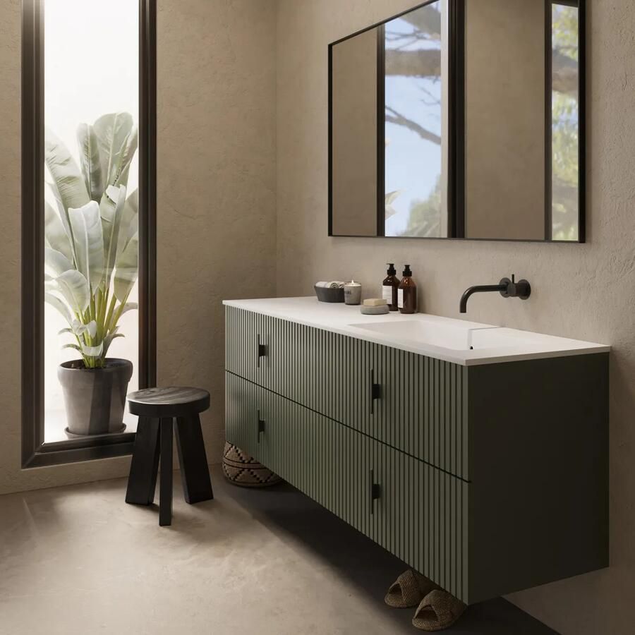 Muebles Avila badmeubel ribbelfront 160cm legergroen met wastafel rechts zonder kraangat