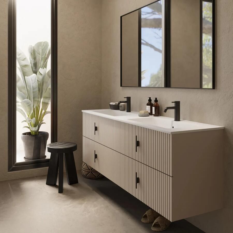 Muebles Avila badmeubel ribbelfront 160cm macchiato met dubbele wastafel met kraangaten