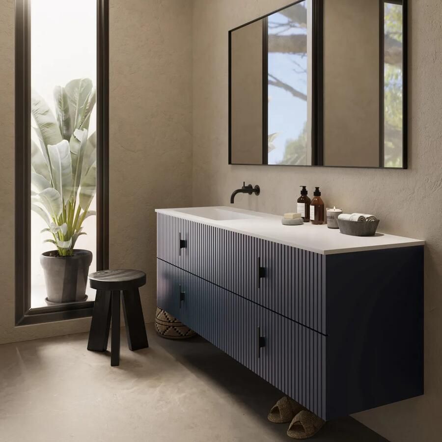 Muebles Avila badmeubel ribbelfront 160cm marine blauw met wastafel links zonder kraangat