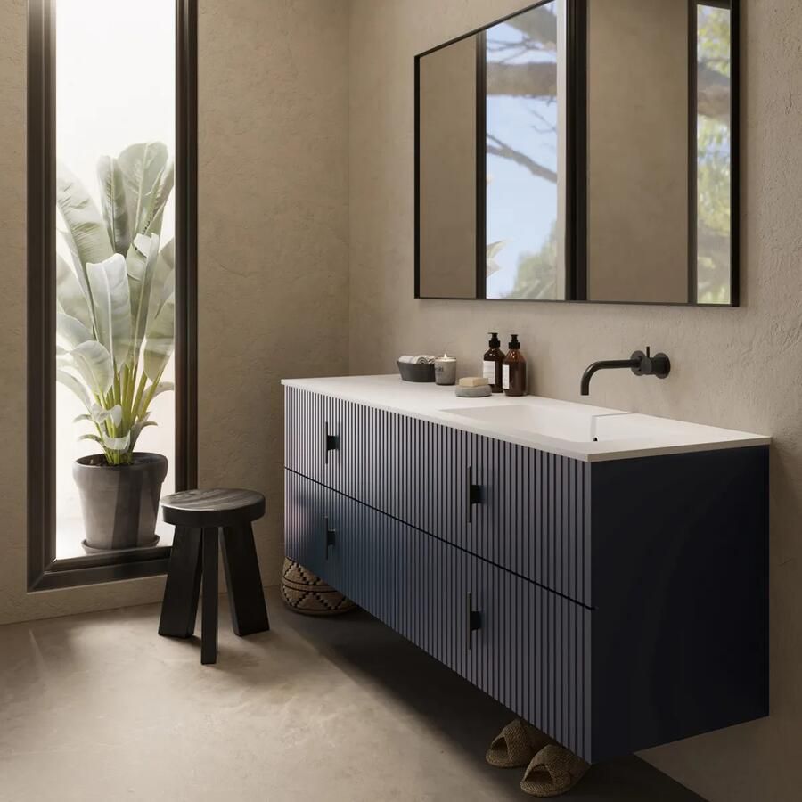 Muebles Avila badmeubel ribbelfront 160cm marine blauw met wastafel rechts zonder kraangat