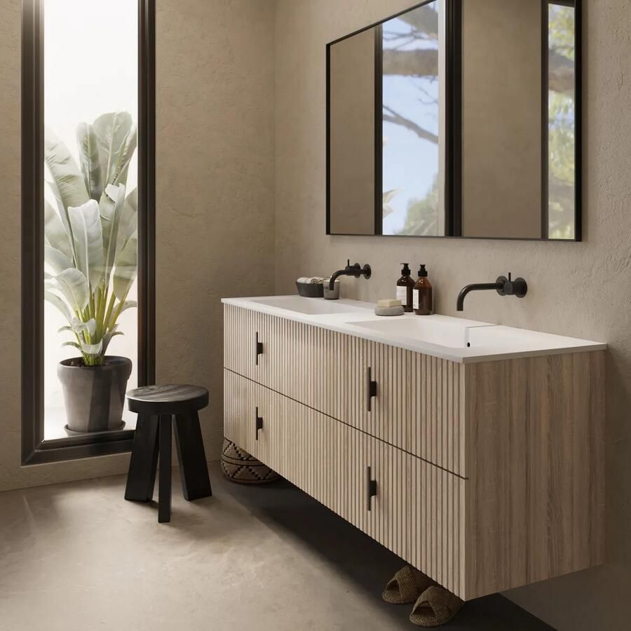 Muebles Avila badmeubel ribbelfront 160cm naturel eiken met dubbele wastafel zonder kraangaten