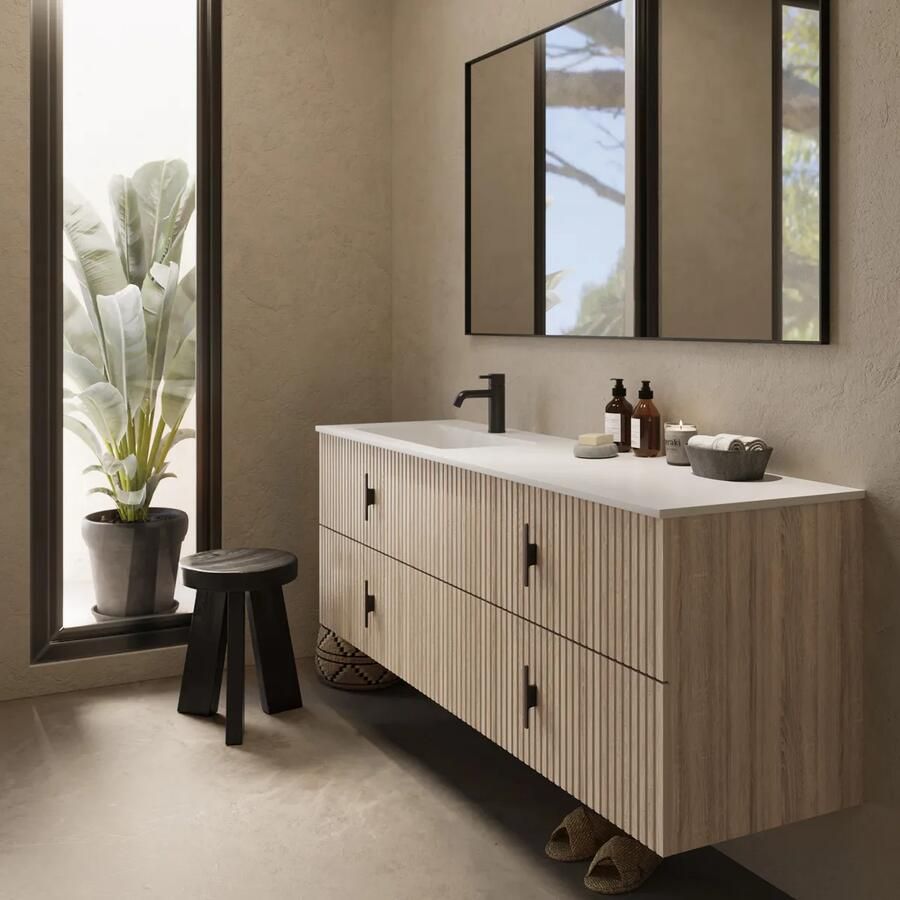 Muebles Avila badmeubel ribbelfront 160cm naturel eiken met wastafel links met kraangat