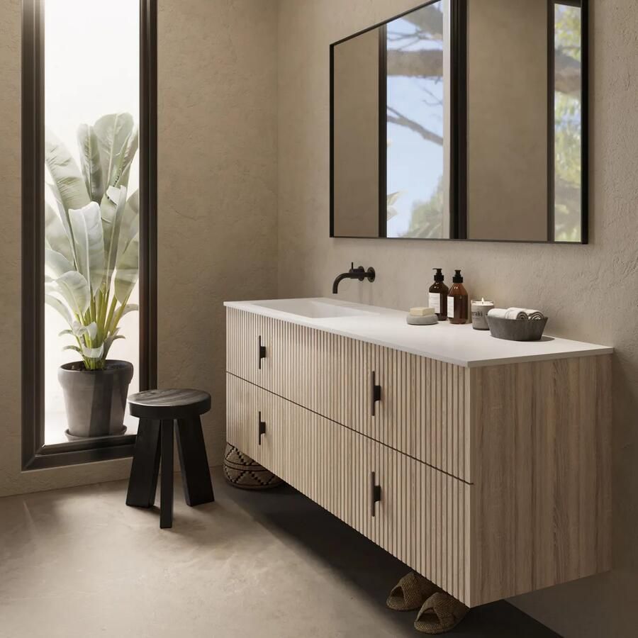 Muebles Avila badmeubel ribbelfront 160cm naturel eiken met wastafel links zonder kraangat