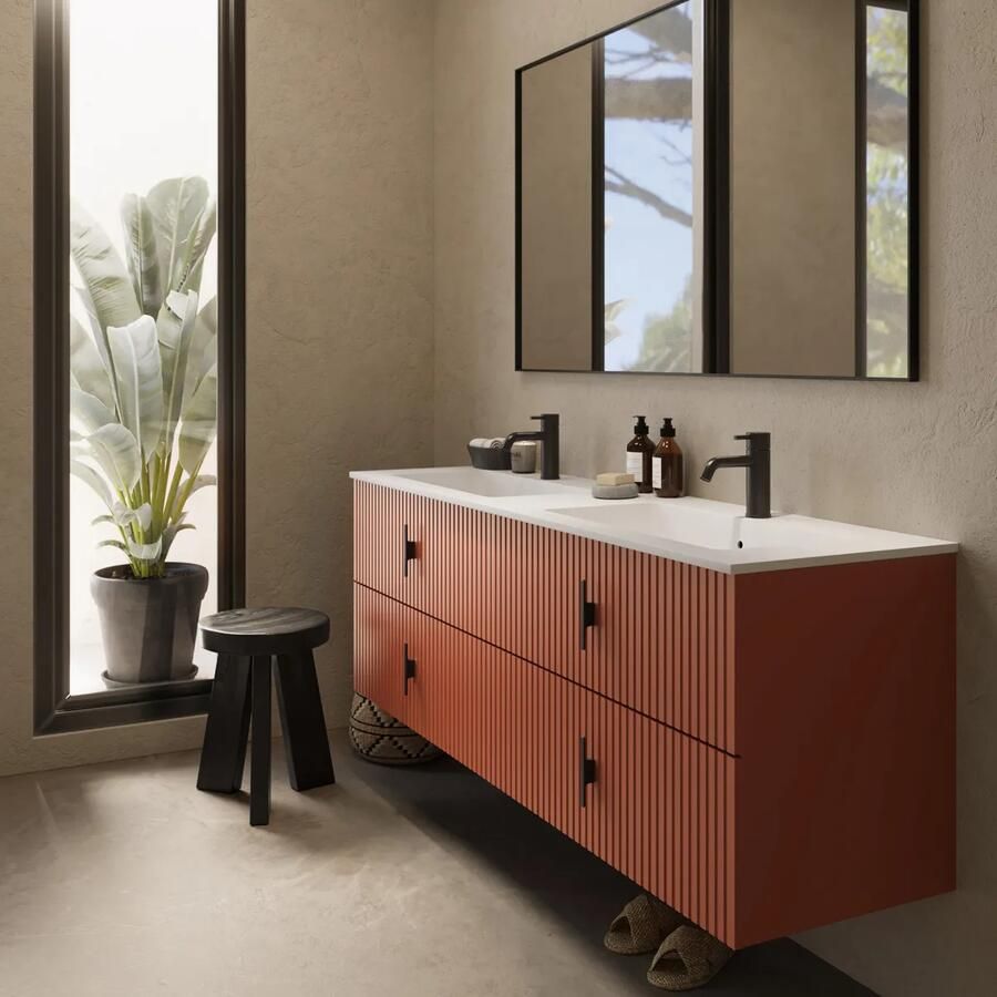 Muebles Avila badmeubel ribbelfront 160cm terracotta met dubbele wastafel met kraangaten