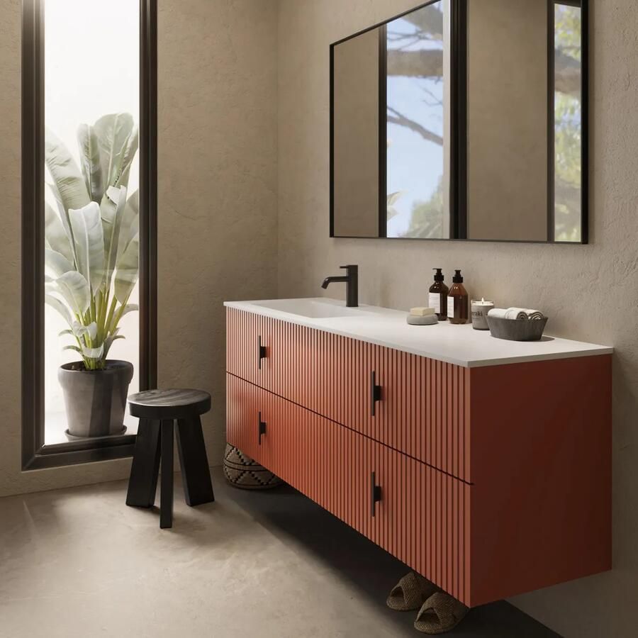 Muebles Avila badmeubel ribbelfront 160cm terracotta met wastafel links met kraangat