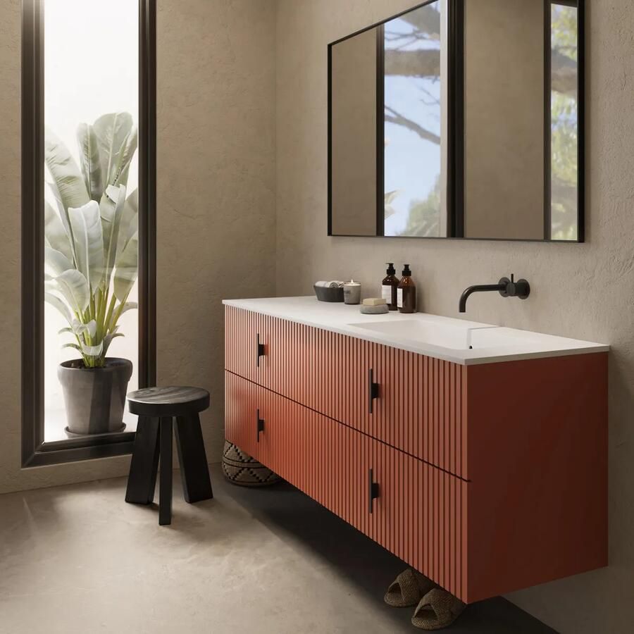 Muebles Avila badmeubel ribbelfront 160cm terracotta met wastafel rechts zonder kraangat